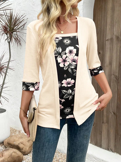 European,Clothes,Elastic,T-Shirt,Women,Chic,Sexy,Fake two pieces,Patchwork,Print,Tops,Half Sleeve,Loose,Tees,