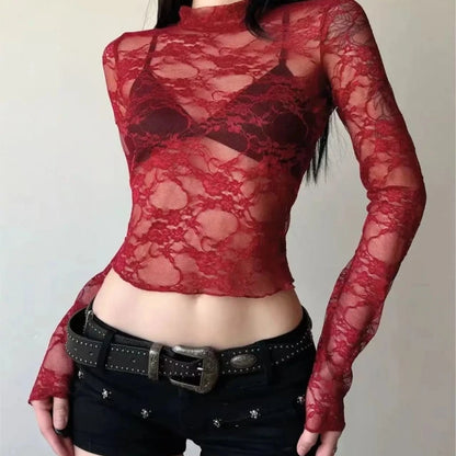 Lace Blouse Shirts Summer Women Turtleneck Long Sleeve See Through Lace Patchwork Thin Tops