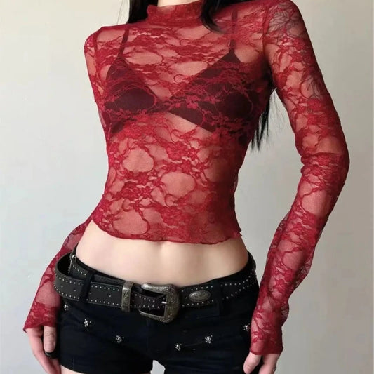 Lace Blouse Shirts Summer Women Turtleneck Long Sleeve See Through Lace Patchwork Thin Tops