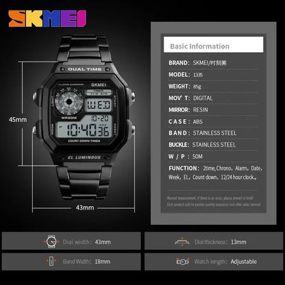 SKMEI 1335 Digital Watch for Men Retro Sports Waterproof Chrono Electronic Mens Wristwatches Stainless Steel Clock Reloj Hombre