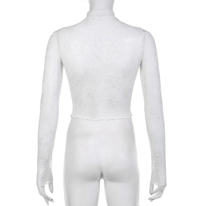 Lace Blouse Shirts Summer Women Turtleneck Long Sleeve See Through Lace Patchwork Thin Tops