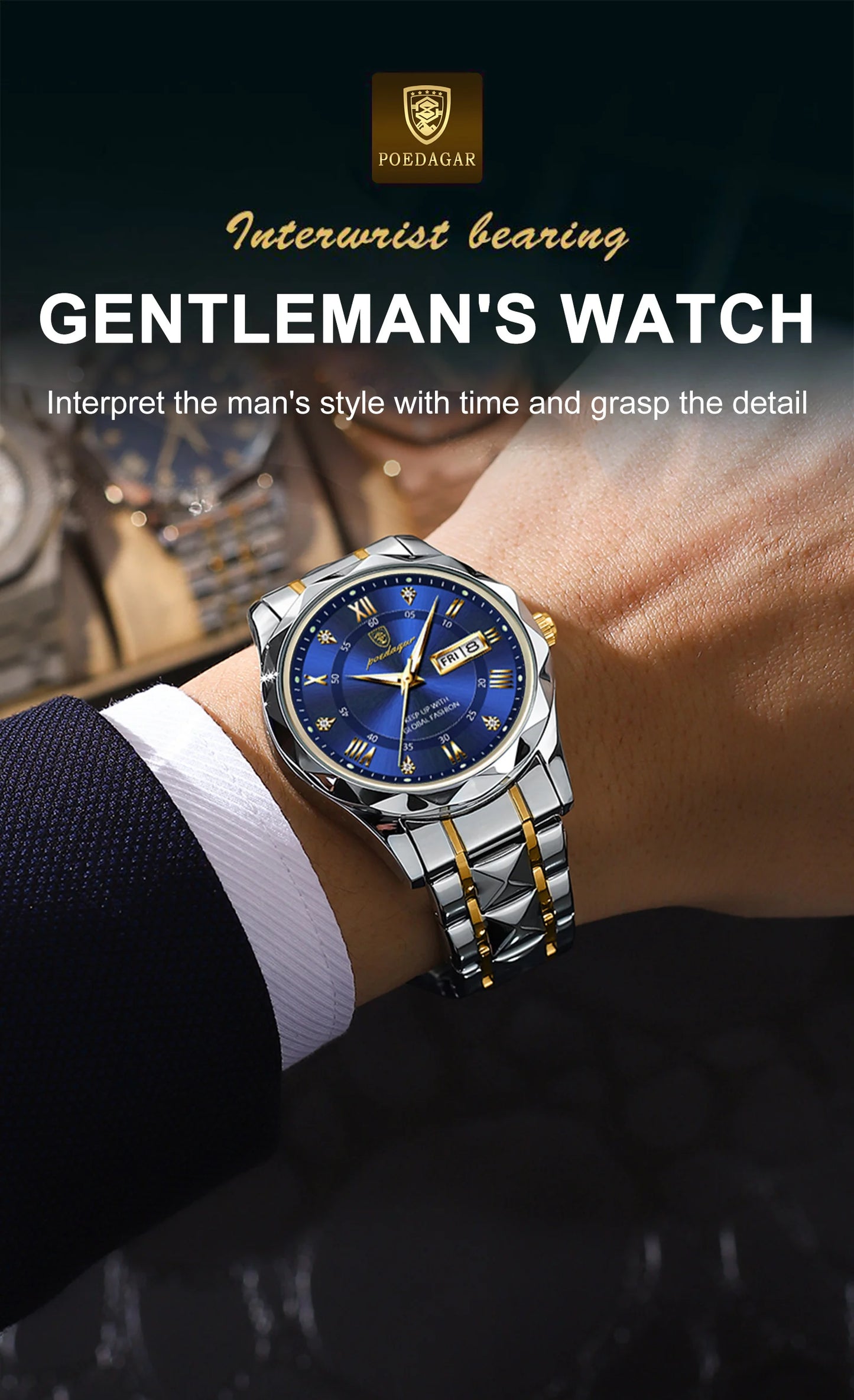 POEDAGAR Business Luxury Men's Watches Waterproof Stainless Steel Luminous Man Wristwatch Date Week Sport Men Quartz Watch Reloj