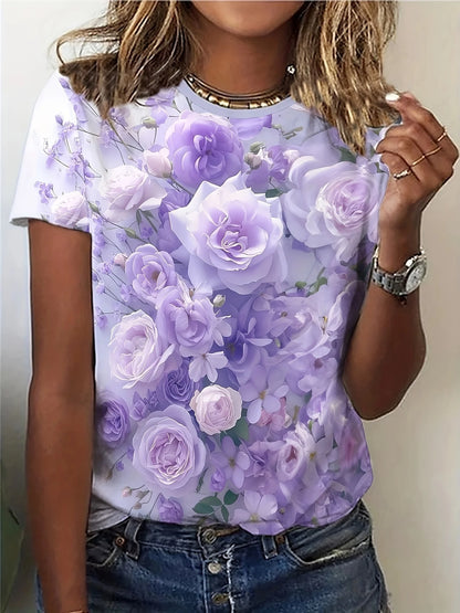 Colorful Rose Flower Print Round Neck Women's T-shirt Summer Versatile And Refreshing Y2K T-shirt