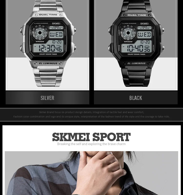 SKMEI 1335 Digital Watch for Men Retro Sports Waterproof Chrono Electronic Mens Wristwatches Stainless Steel Clock Reloj Hombre