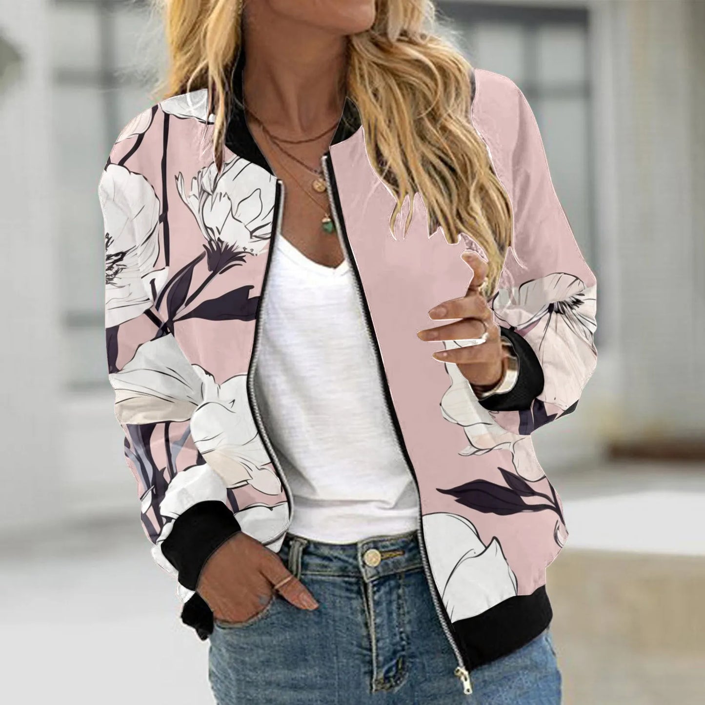Autumn Bomber Jacket For Women Fashion Flower Print Outwear Stand Collar Zipper Baseball Coat Elegant Slim Basic Ladies Jackets