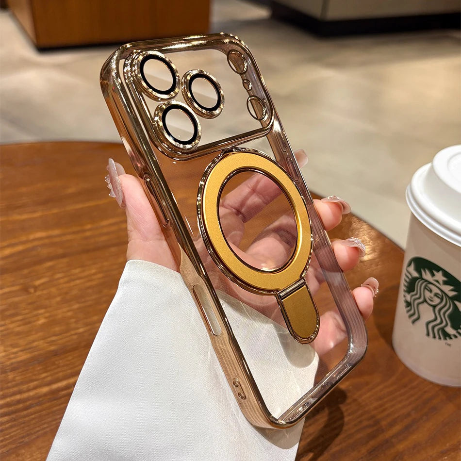 Iphone 17 Air Case Plating Magsafe Magnetic Bracket Case for iPhone 17 16 Pro 13 12 Max 15 14 16 Plus 17PRO Transparent Cove