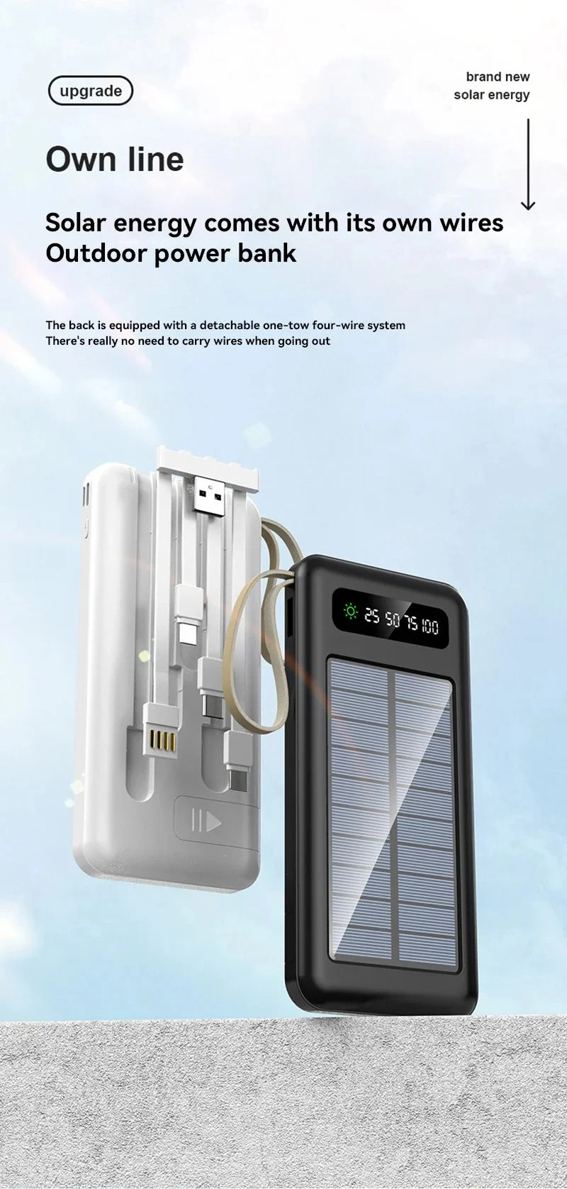 200000mAh Solar Power Bank Large Capacity Mobile Power Fast Charging Battery With Dual USB 4 Cables For iPhone Samsung