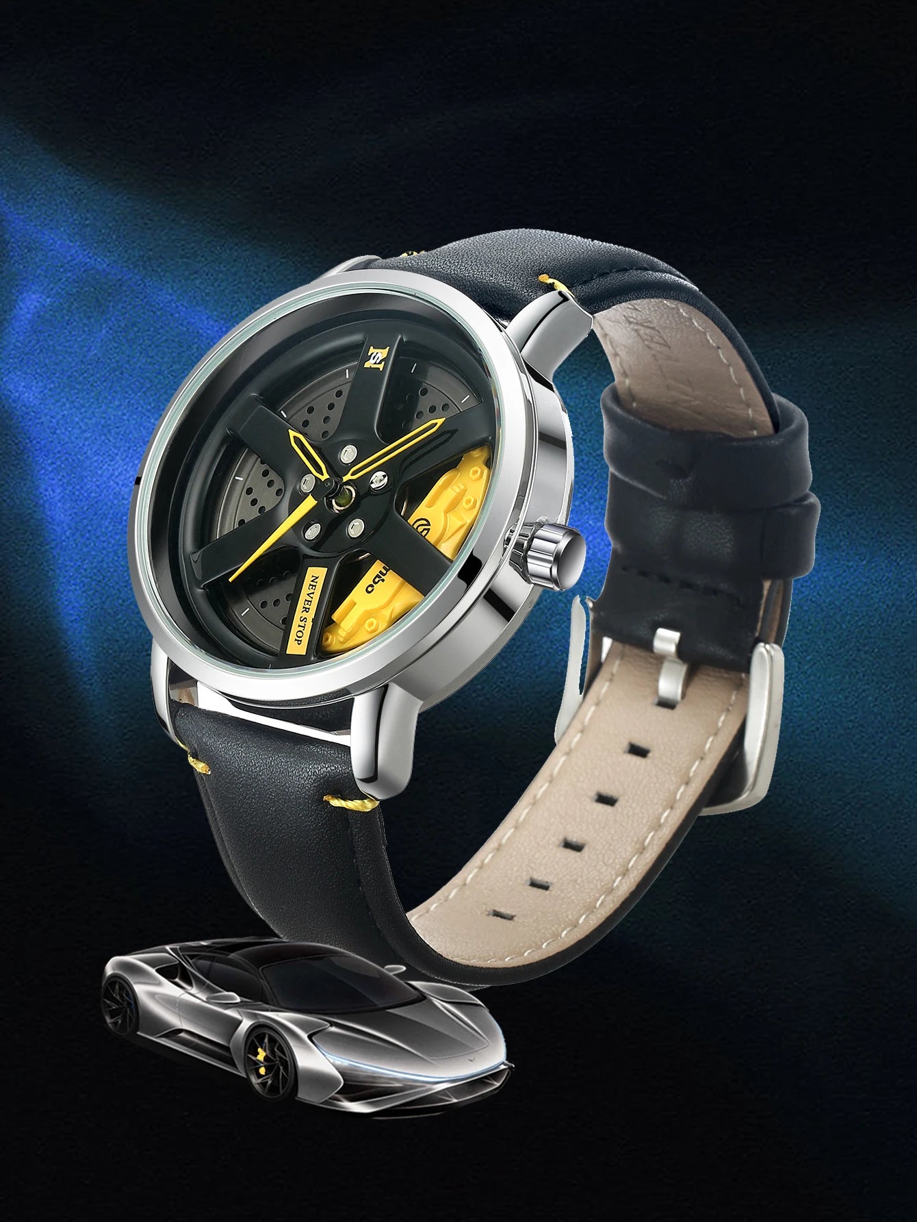 NS Men's Car wheel hub watch Minimalist Fashion Sports Watch Calendar Leather casual Quartz watch