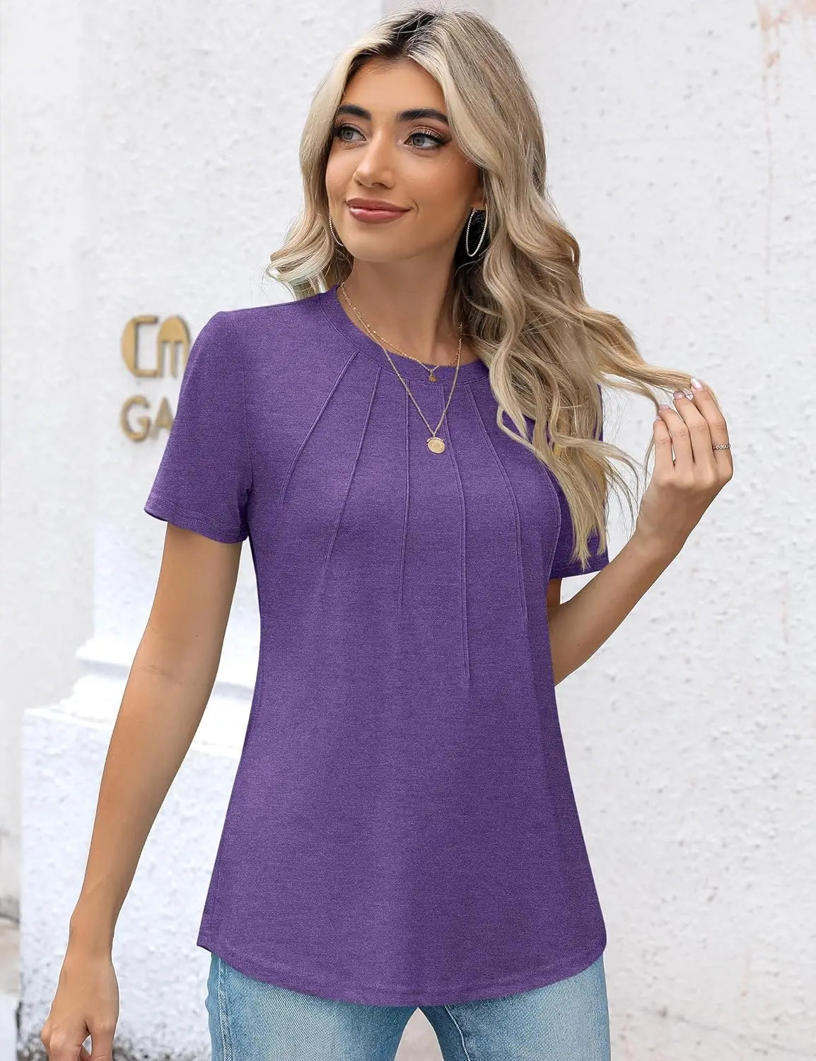 Womens Casual Crew Neck Short Sleeve Pleated Tops Blouses Fashion Clothes