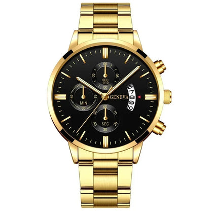 Luxury Men Business Quartz Watches 4pcs Set Gold Alloy Roman with Calendar Wrist Watch Cross Necklace Bracelet Ring Set Men Gift