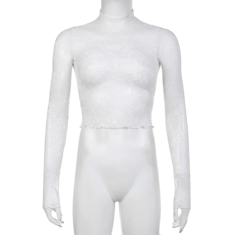 Lace Blouse Shirts Summer Women Turtleneck Long Sleeve See Through Lace Patchwork Thin Tops