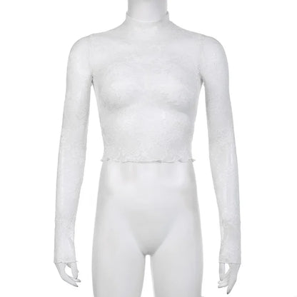 Lace Blouse Shirts Summer Women Turtleneck Long Sleeve See Through Lace Patchwork Thin Tops