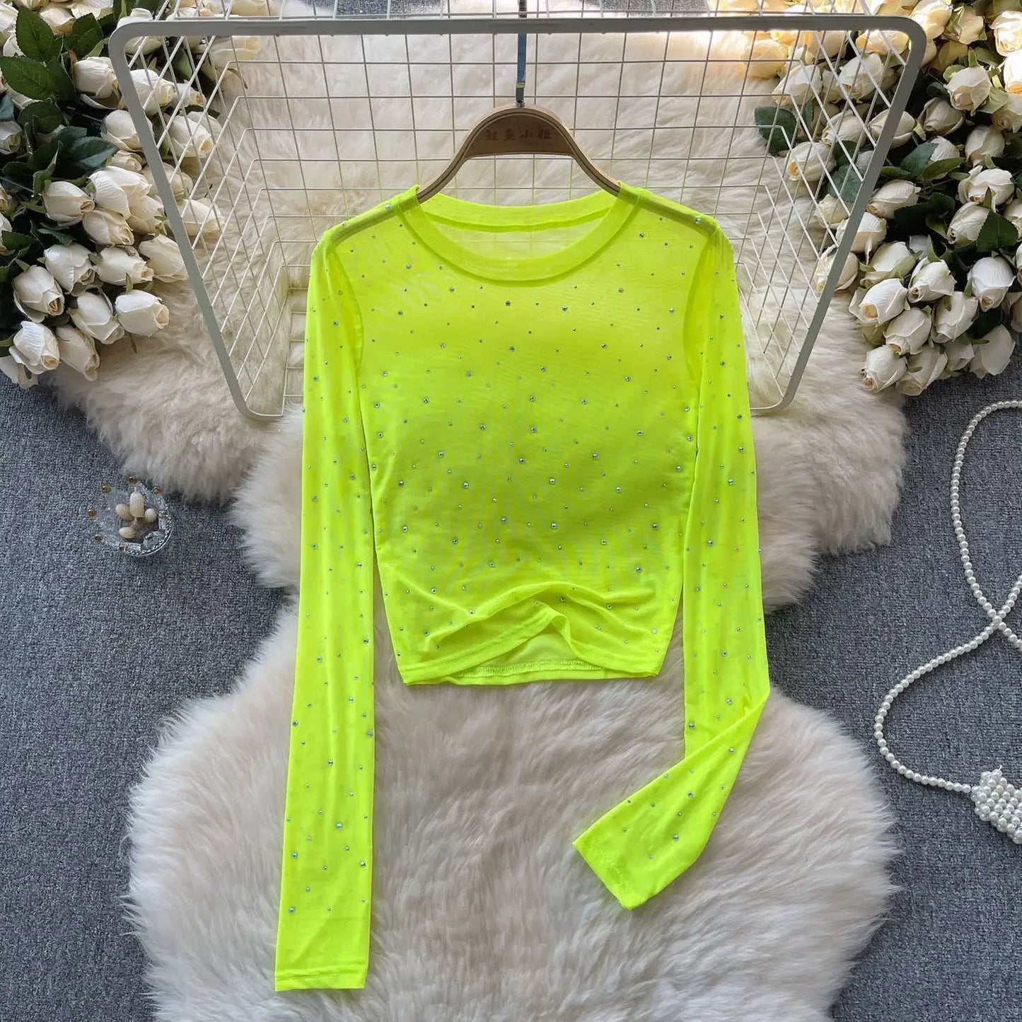 T-shirts Women Cropped Sequins Slim Sheer Solid Spring Summer Sexy Style Cozy Thin O-neck Clubwear European