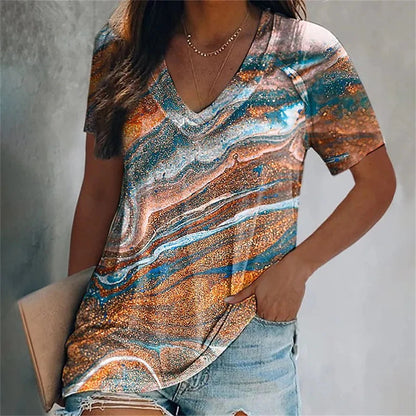 Colorful Tassels Print T-Shirt Fashion Women's Short Sleeve V-Neck T-Shirt Summer Casual Elegant Women's Large Size T-Shirt