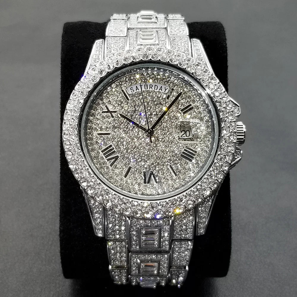 Diamond Wristwatch For Men Luxury 18K Gold Plated Quartz Watches Day Date Nightclub Party Watch Unisex Rapper Jewelry