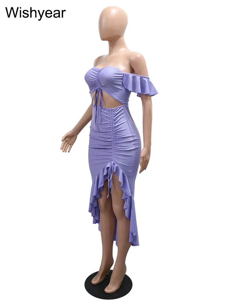 Showlder Backless Ruffles Irregular Dresses Woman Ruched Patchwork Hollow Out Bodycon Birthday Vestidos Autumn