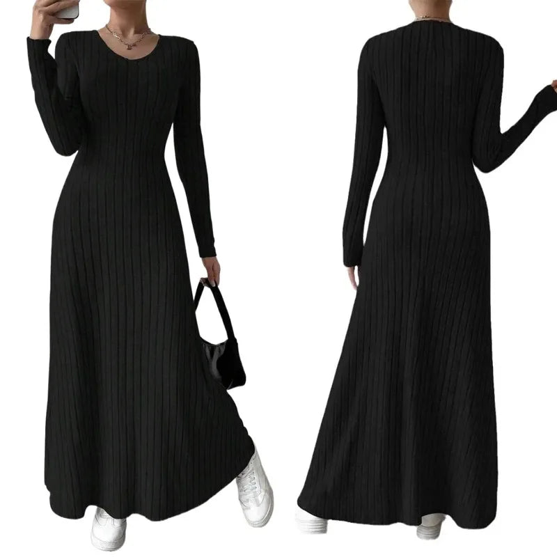 Long Sleeve A- Line Streetwear Dress For Women Smooths And Slims Your Silhouette Solid Color Long Dress