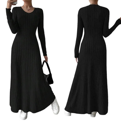 Long Sleeve A- Line Streetwear Dress For Women Smooths And Slims Your Silhouette Solid Color Long Dress