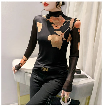 High Neck Long Sleeved Mesh Positioning Printed T-shirt Women Autumn Stretch Slim T Shirts Tops Female Base Tees HF8779