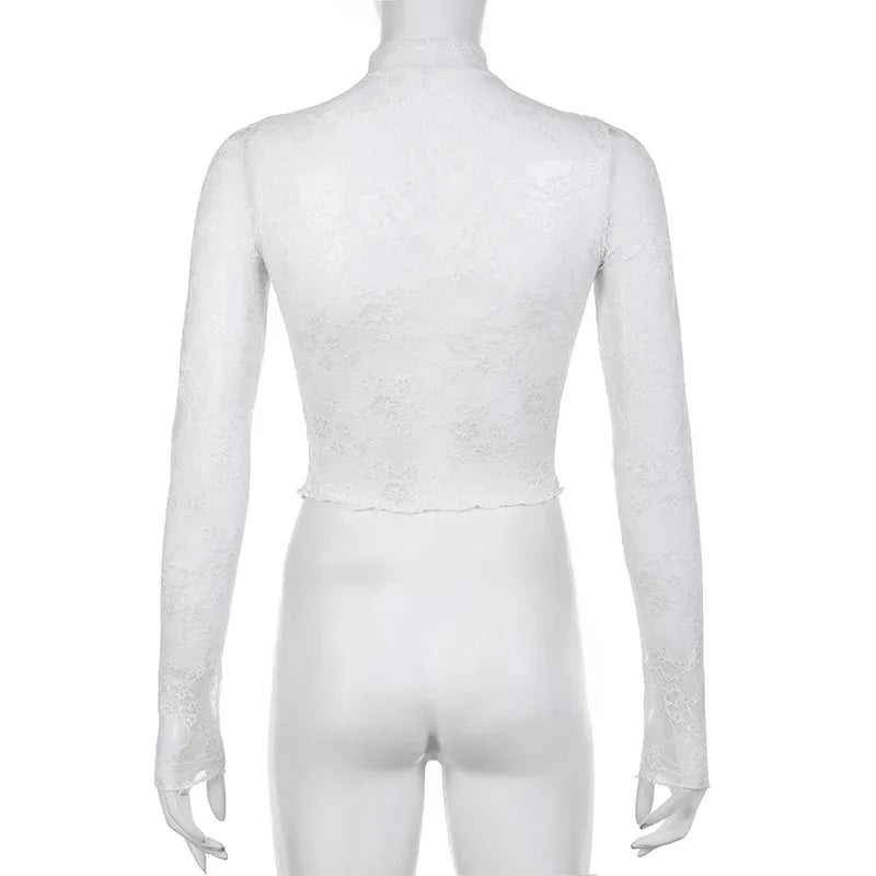 Lace Blouse Shirts Summer Women Turtleneck Long Sleeve See Through Lace Patchwork Thin Tops