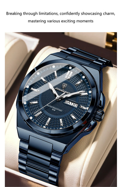 POEDAGAR Sport Original Men Clock Quartz Date Week Luxury Man Wristwatch Waterproof Luminous Stainless Steel Men's Watches Reloj