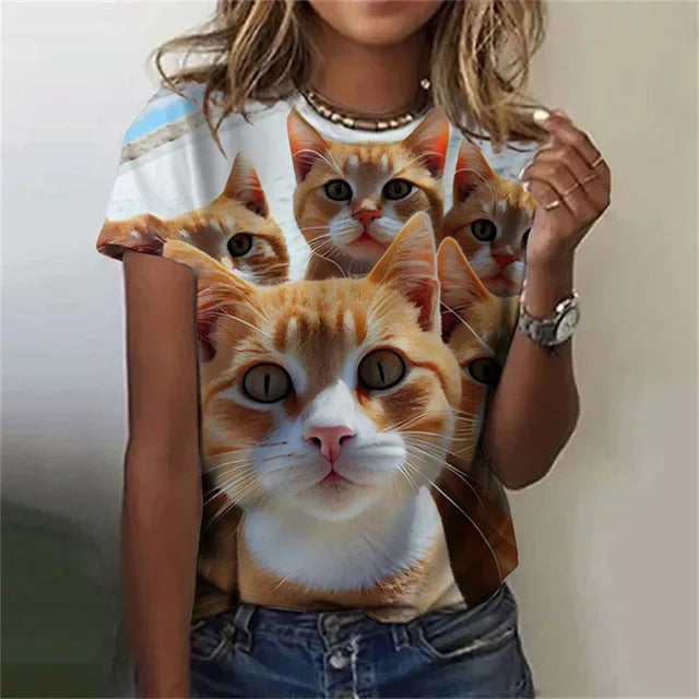 T-shirt 3D Printed Kawaii Cat Pattern Short Sleeved Round neck Top Summer Outdoor Casual Street Simple Clothing
