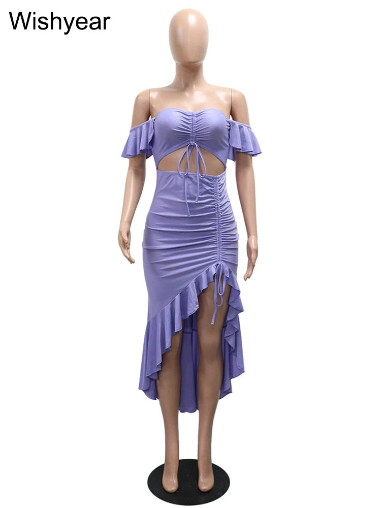 Showlder Backless Ruffles Irregular Dresses Woman Ruched Patchwork Hollow Out Bodycon Birthday Vestidos Autumn