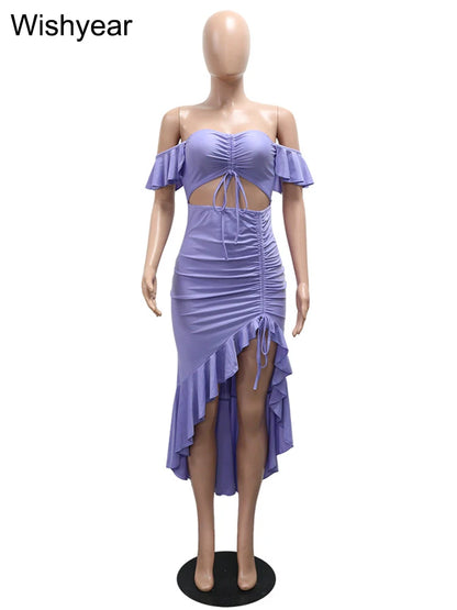 Showlder Backless Ruffles Irregular Dresses Woman Ruched Patchwork Hollow Out Bodycon Birthday Vestidos Autumn