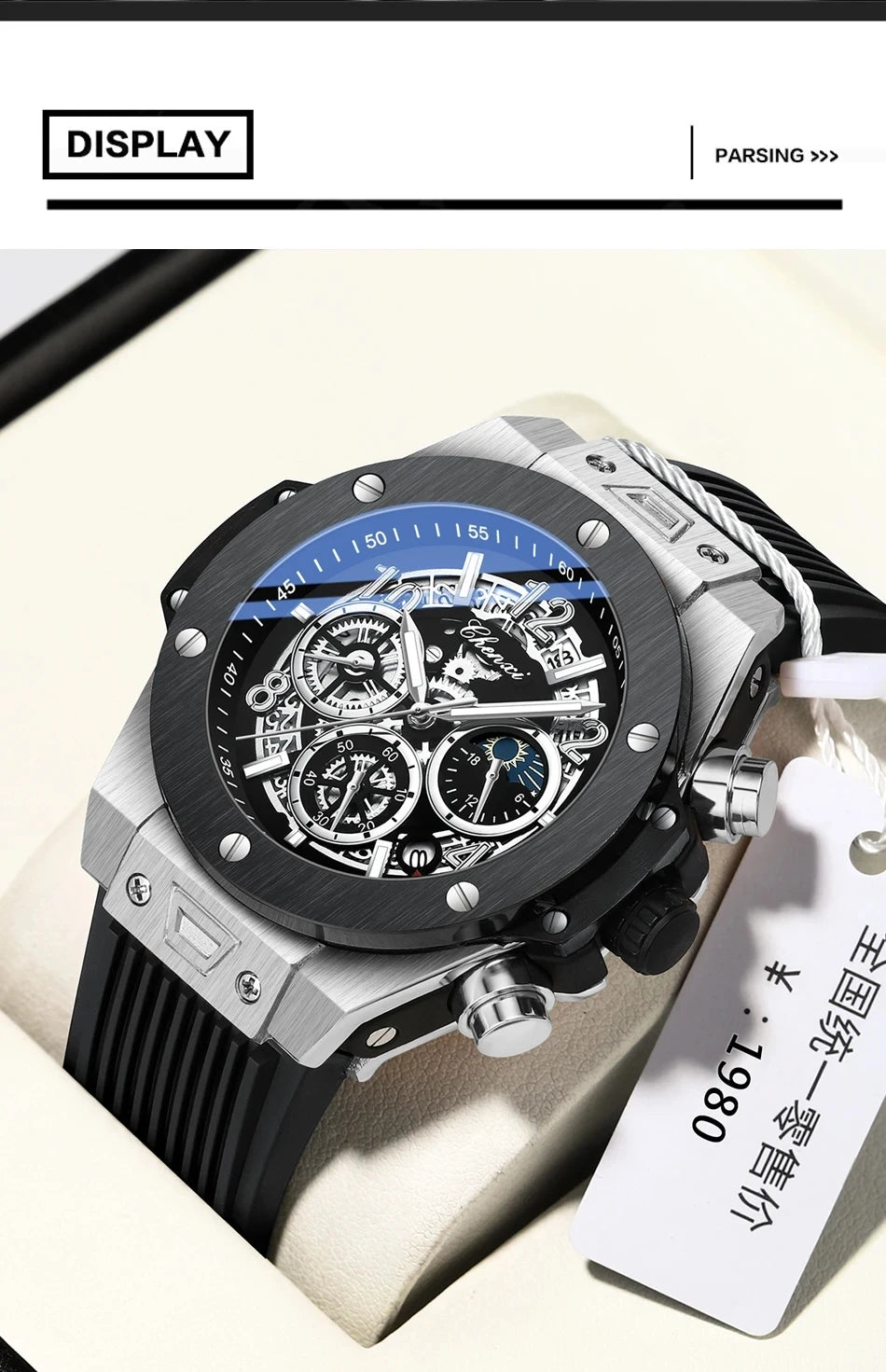 CHENXI Fashion Silicone Chronograph Watch Men Multifunctional Cool Luminous Quartz Starry Lunar Phases Timing Sport Wristwatches