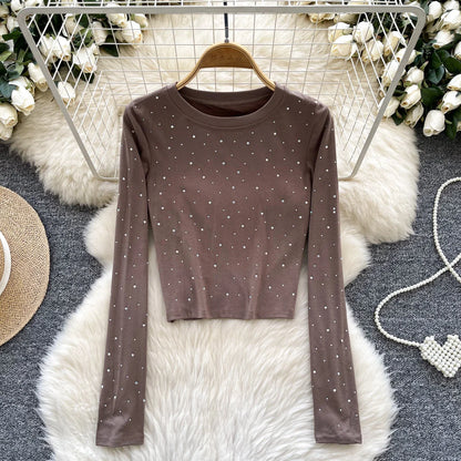 Long Sleeves Hotsweet O-neck Fashion Rhinestone Slim Top French Streetwear Sexy High Street Autumn Winter Women T-Shirts