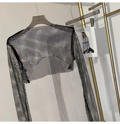 Bright diamond short top Slim thin Ms. hot drill long-sleeved T-shirt sexy leak waist nightclub