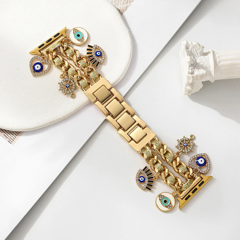 Stylish Metal Charms Watch Strap Compatible with Apple Watch Bands 38/40/41/42/44/45/49mm Replacement Strap with Unique Pendants