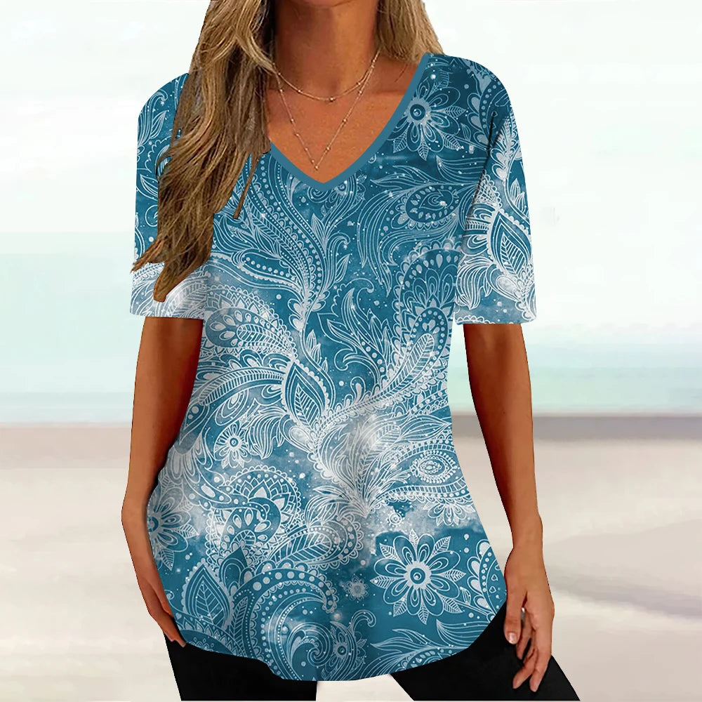 Wind Ladies V-neck T-shirt Summer Outdoor Casual Short Sleeve Tops Retro Street Flower Print OverSize Women's Clothing