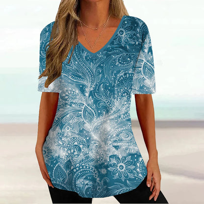 Wind Ladies V-neck T-shirt Summer Outdoor Casual Short Sleeve Tops Retro Street Flower Print OverSize Women's Clothing