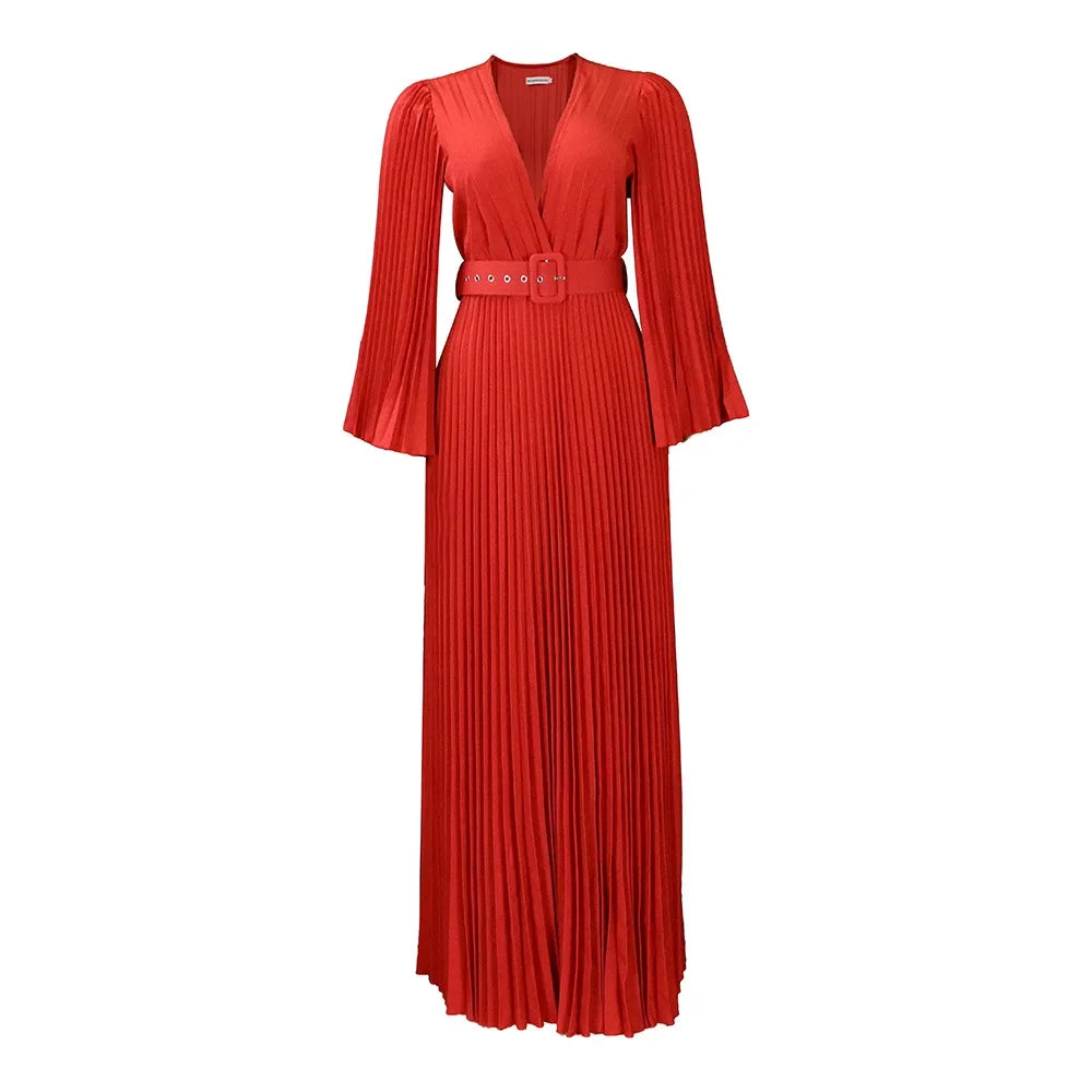 V-neck Flare Sleeve Big Swing Floor Length Maxi Long Dresses  Women Autumn Winter Party Prom Dress