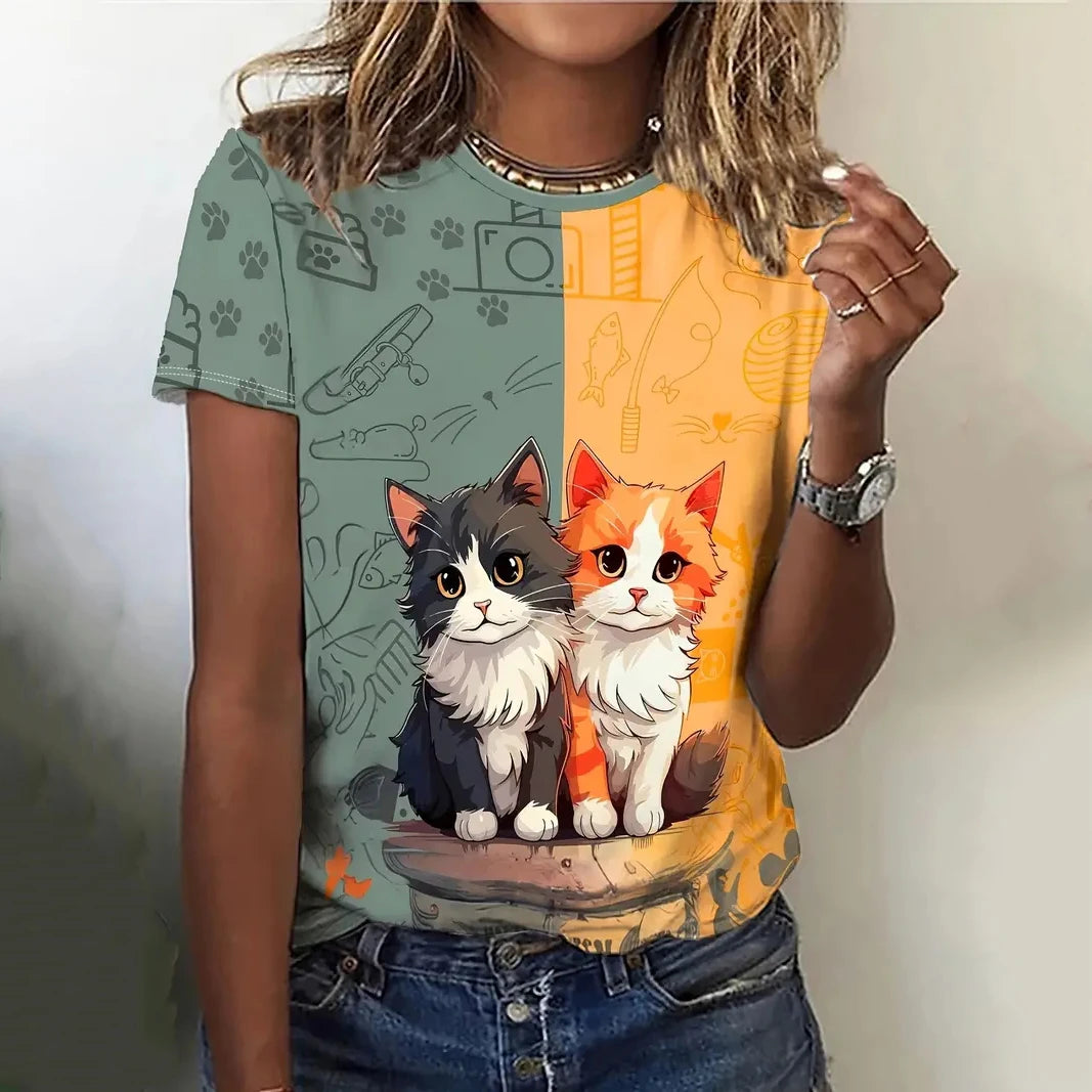 T Shirt Cartoon Animal Print T Shirt Casual O-Neck Short Sleeve Streer Female Summer Loose Tee Tops Y2k Clothing Camisa