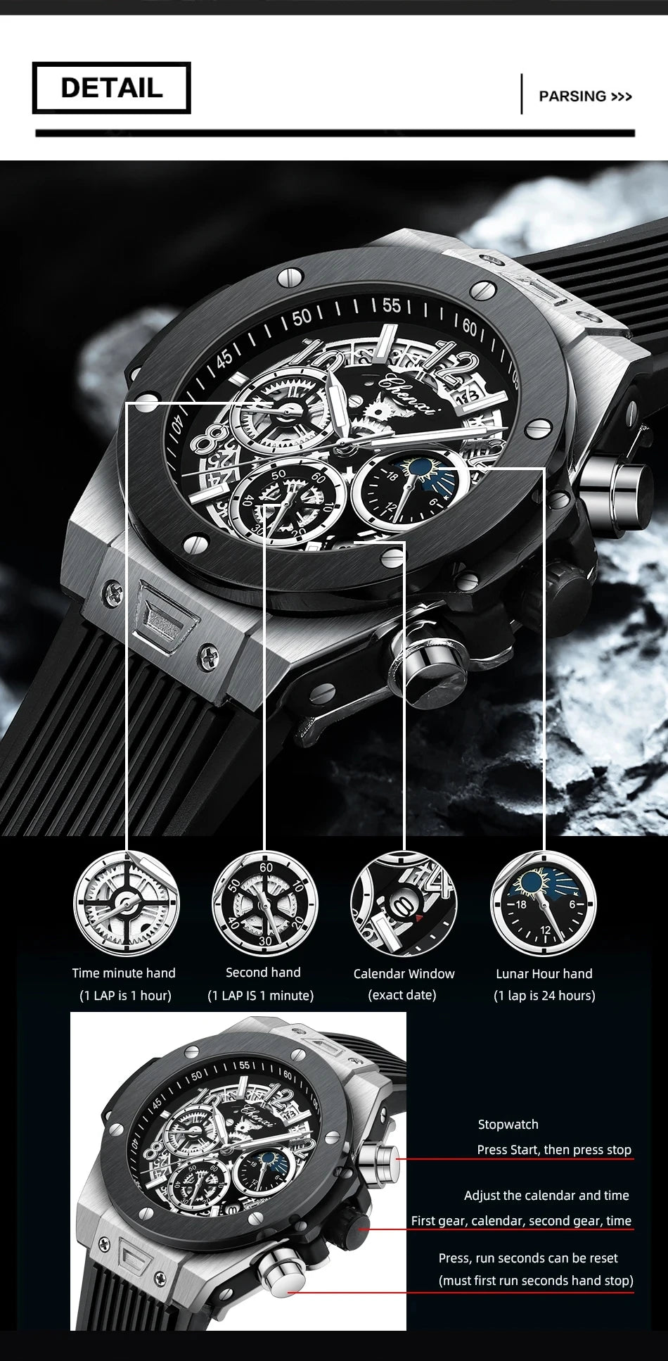 CHENXI Fashion Silicone Chronograph Watch Men Multifunctional Cool Luminous Quartz Starry Lunar Phases Timing Sport Wristwatches