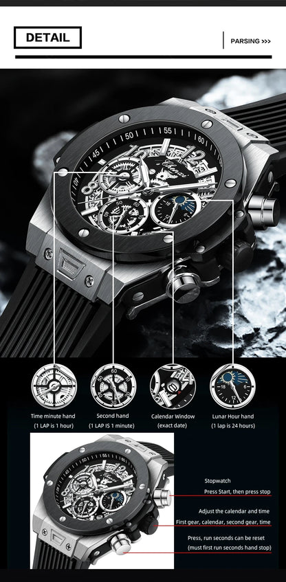 CHENXI Fashion Silicone Chronograph Watch Men Multifunctional Cool Luminous Quartz Starry Lunar Phases Timing Sport Wristwatches