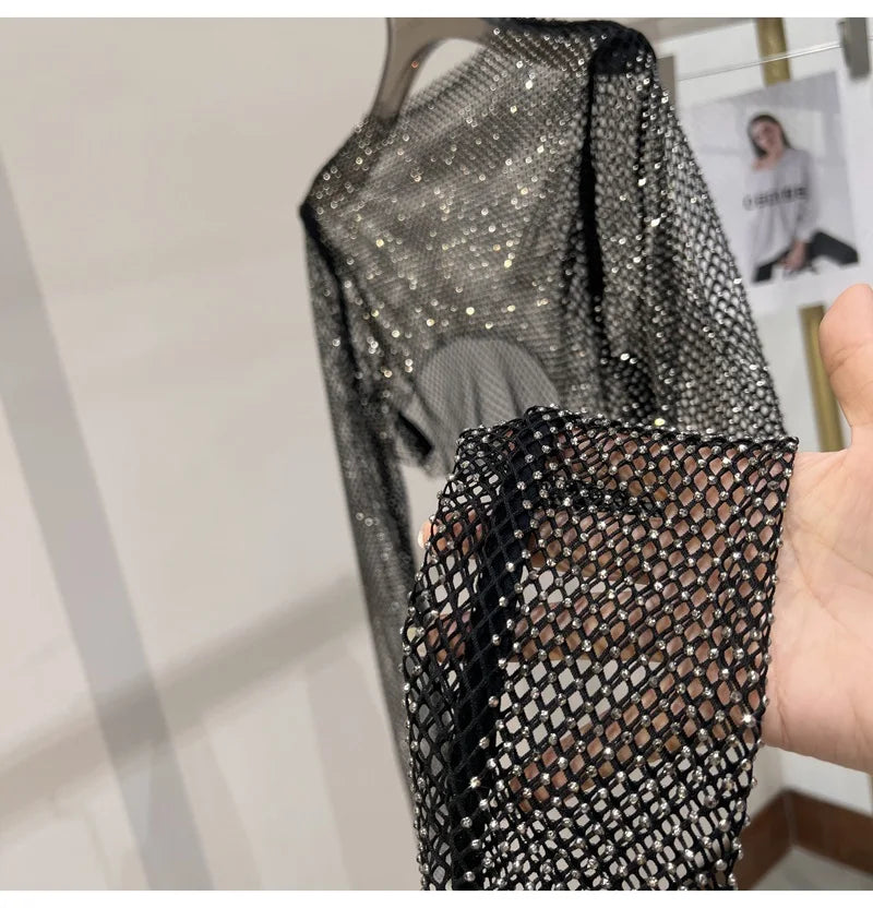 Bright diamond short top Slim thin Ms. hot drill long-sleeved T-shirt sexy leak waist nightclub