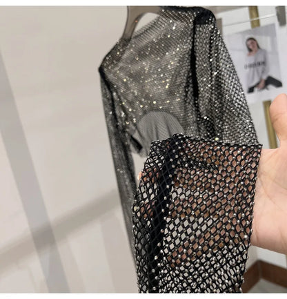 Bright diamond short top Slim thin Ms. hot drill long-sleeved T-shirt sexy leak waist nightclub