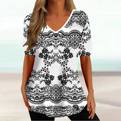 Wind Ladies V-neck T-shirt Summer Outdoor Casual Short Sleeve Tops Retro Street Flower Print OverSize Women's Clothing