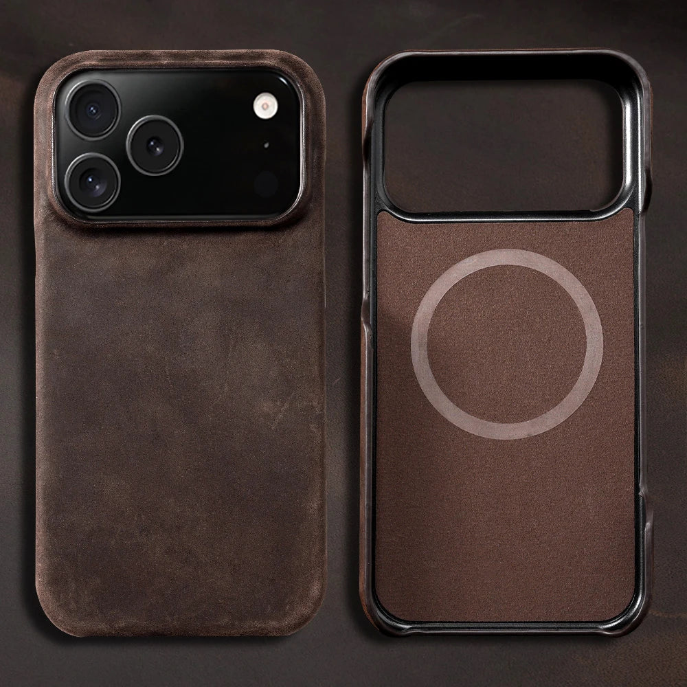 Case for iPhone 15 16 17 Pro Max 17Pro 17 Air 16Pro Retro Luxury Genuine PULL-UP Leather Magnetic Phone Back Cover