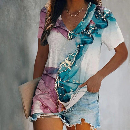 Colorful Tassels Print T-Shirt Fashion Women's Short Sleeve V-Neck T-Shirt Summer Casual Elegant Women's Large Size T-Shirt