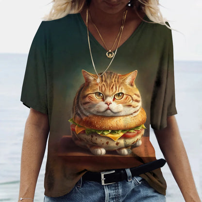 T-shirt Kawaii Cat Print 3D T Shirt Top Girls Y2k Clothing Summer Short Sleeve Tees V-neck Casual Holiday Female T-shirt