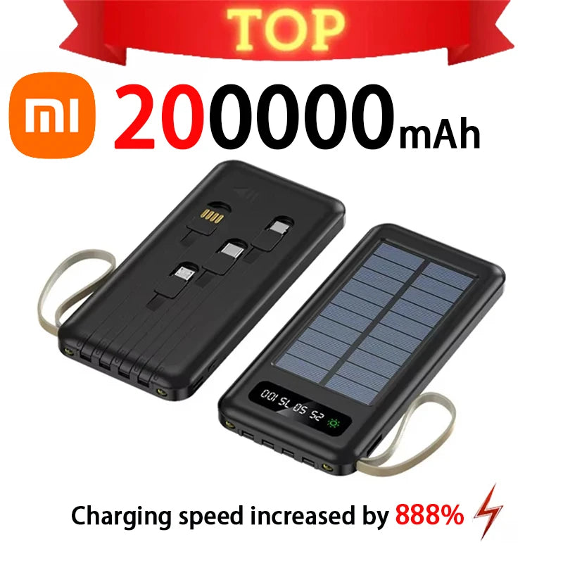 200000mAh Solar Power Bank Large Capacity Mobile Power Fast Charging Battery With Dual USB 4 Cables For iPhone Samsung