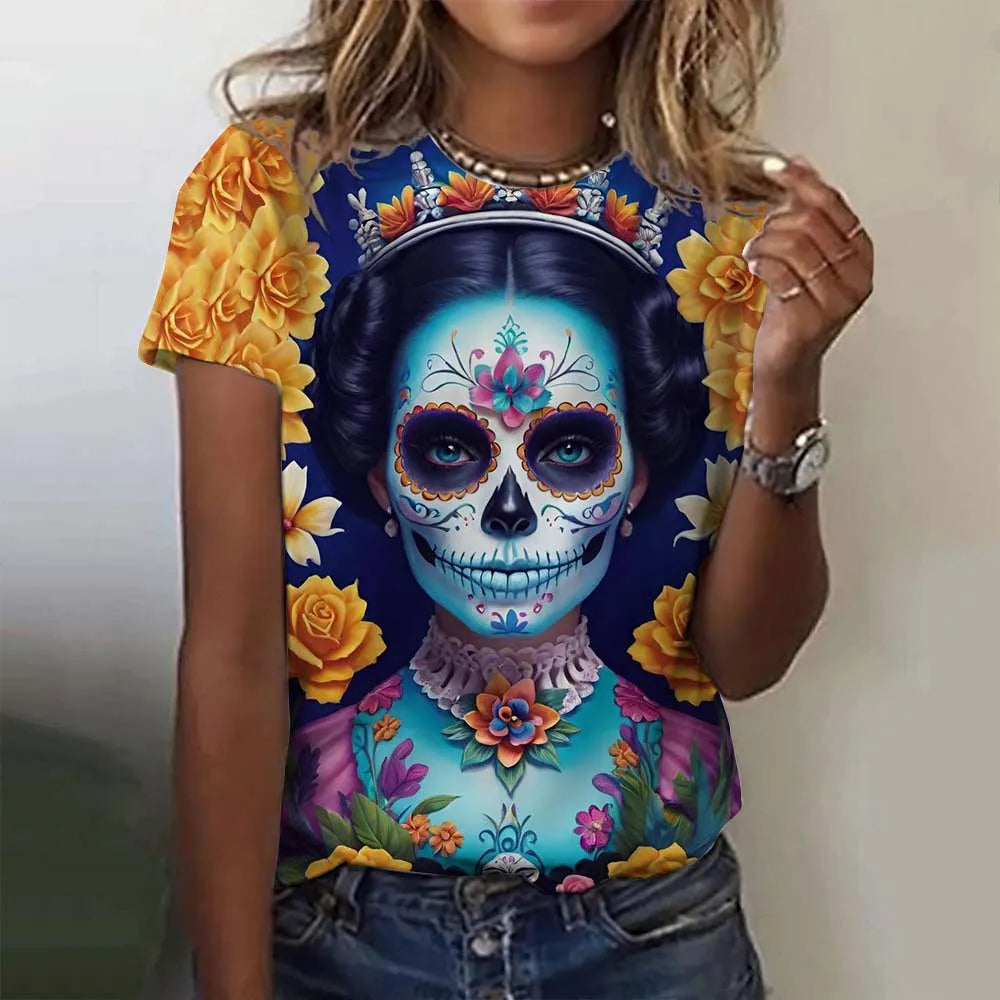 T-shirt for Girls Summer Short Sleeve Casual Sexy Girls Clothes Horror Undead Skull Pattern oversized T-shirts