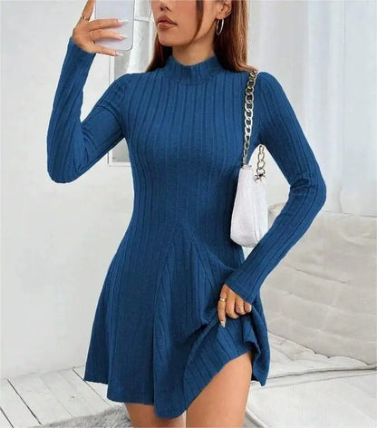 Women's slim fit half high collar waist cinched A-line skirt long sleeved pit stripe dress