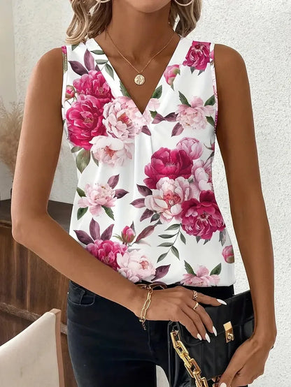 V-neck Vest New Fashion Plant Printed Sleeveless Top Pullover Simple Basic T-shirt
