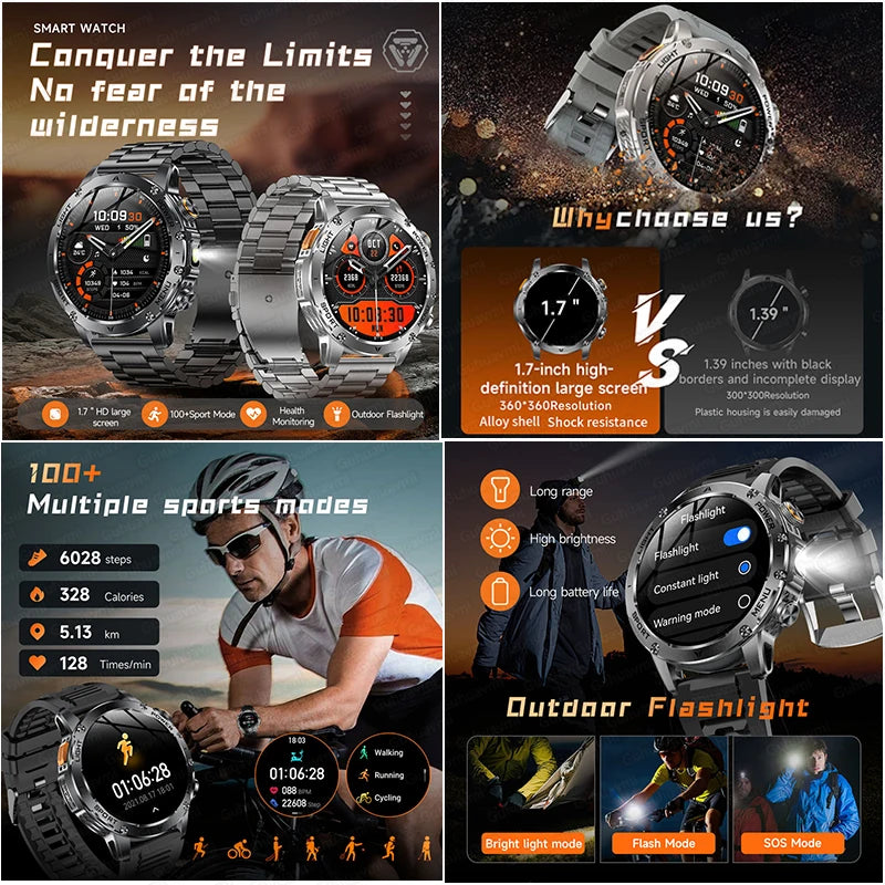 T-REX3 1000mAh Big Battery Smart Watch HD Bluetooth Call 1.7inch Large Sceen LED Flashlight Sports Waterproof Smartwatch Men