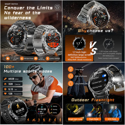 T-REX3 1000mAh Big Battery Smart Watch HD Bluetooth Call 1.7inch Large Sceen LED Flashlight Sports Waterproof Smartwatch Men